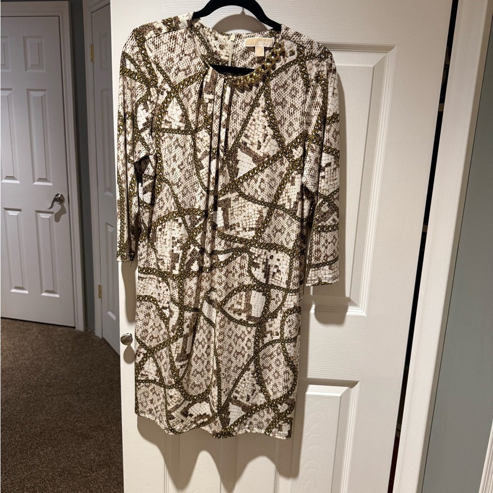 Michael Kors Cream and Brown Long Sleeve Dress